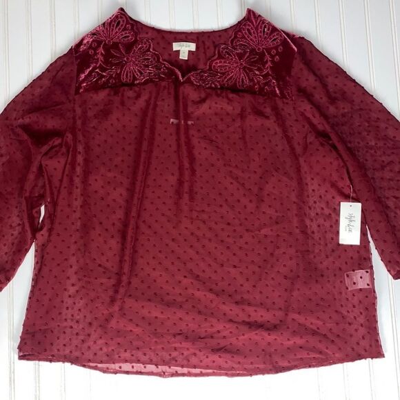 Style & Co Eyelet Red Swiss Dot Velvet Velour Yoke Top Blouse 3X NWT - Picture 6 of 11